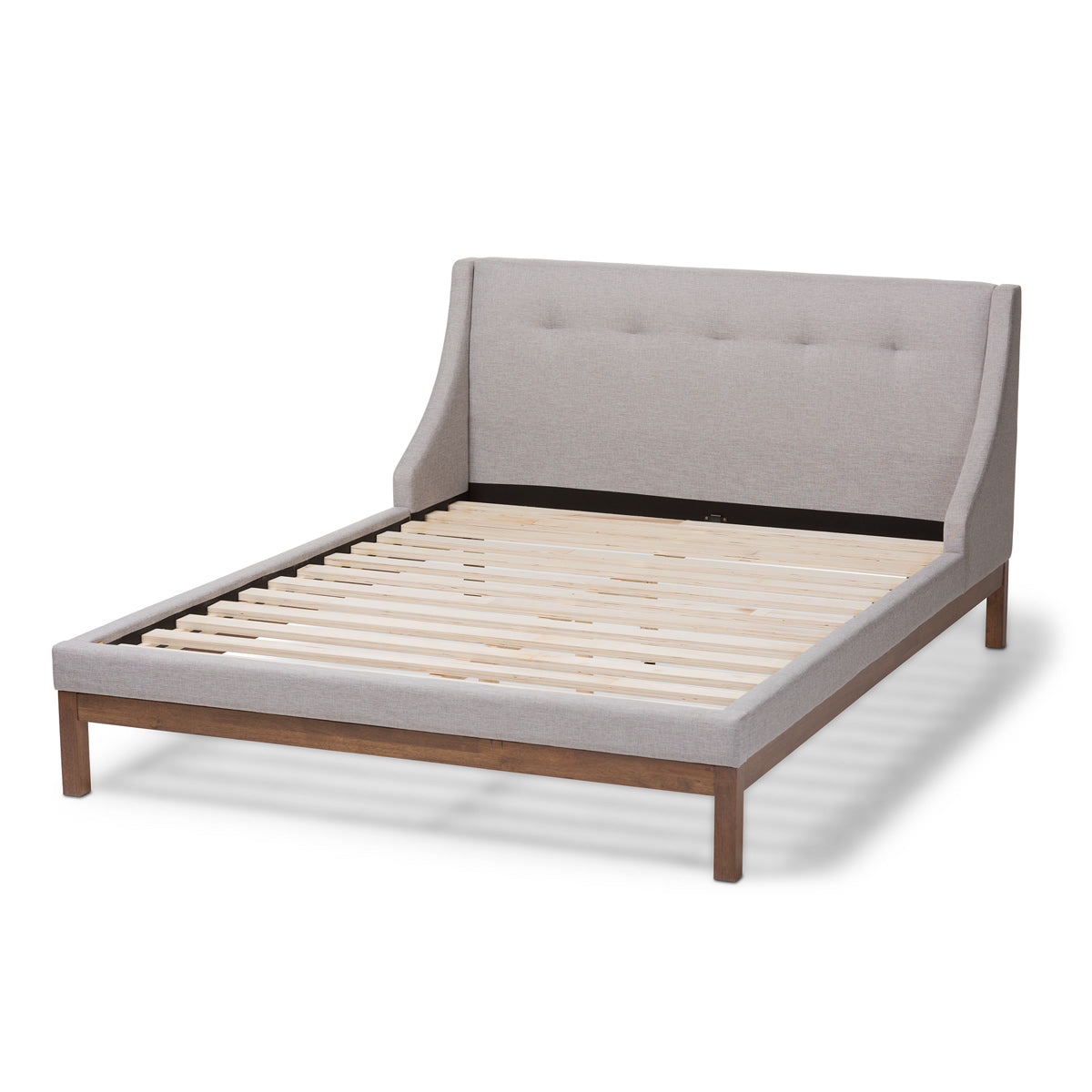 Baxton Studio Louvain Modern and Contemporary Greyish Beige Fabric Upholstered Walnut-Finished Queen Sized Platform Bed Baxton Studio-beds-Minimal And Modern - 3