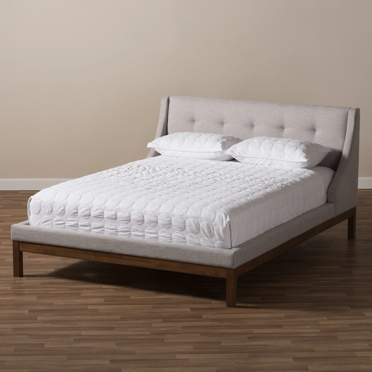 Baxton Studio Louvain Modern and Contemporary Greyish Beige Fabric Upholstered Walnut-Finished Queen Sized Platform Bed Baxton Studio-beds-Minimal And Modern - 7
