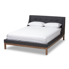 Baxton Studio Louvain Modern and Contemporary Dark Grey Fabric Upholstered Walnut-Finished Queen Sized Platform Bed Baxton Studio-beds-Minimal And Modern - 1