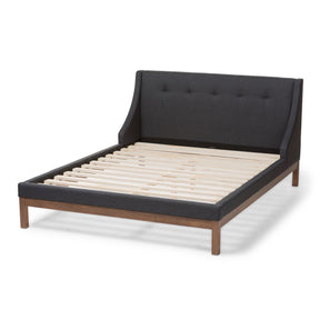 Baxton Studio Louvain Modern and Contemporary Dark Grey Fabric Upholstered Walnut-Finished Queen Sized Platform Bed Baxton Studio-beds-Minimal And Modern - 3