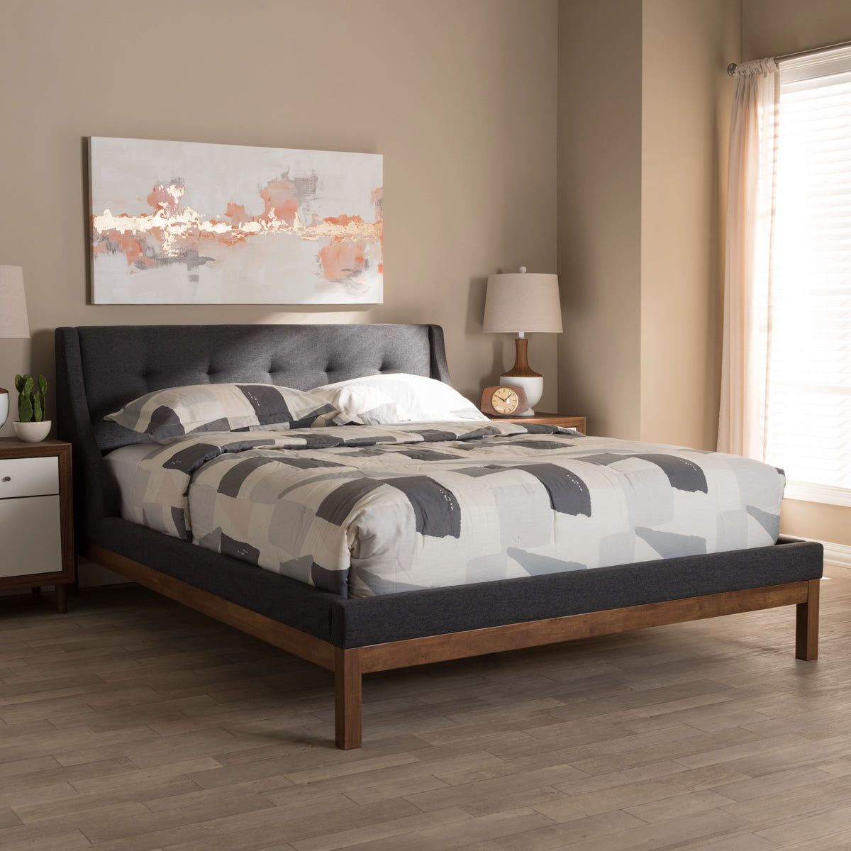 Baxton Studio Louvain Modern and Contemporary Dark Grey Fabric Upholstered Walnut-Finished Queen Sized Platform Bed Baxton Studio-beds-Minimal And Modern - 6