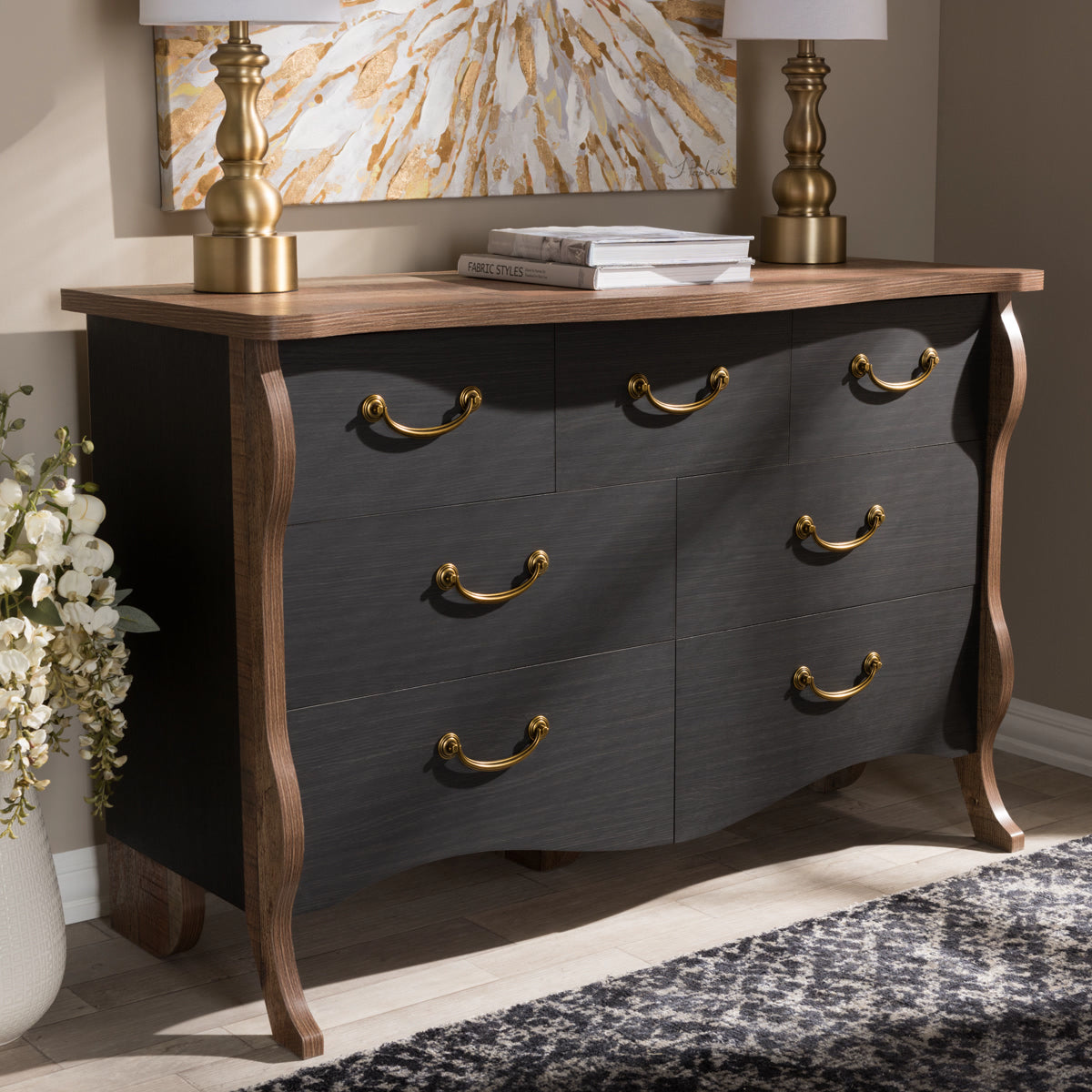 Baxton Studio Romilly Country Cottage Farmhouse Black and Oak-Finished Wood 7-Drawer Dresser Baxton Studio-Dresser-Minimal And Modern - 9