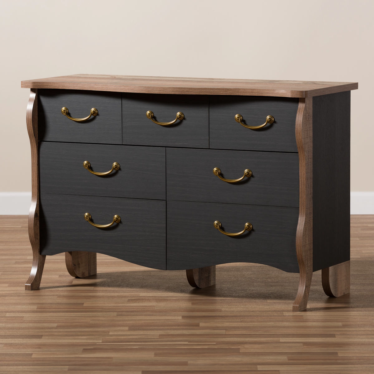 Baxton Studio Romilly Country Cottage Farmhouse Black and Oak-Finished Wood 7-Drawer Dresser Baxton Studio-Dresser-Minimal And Modern - 10