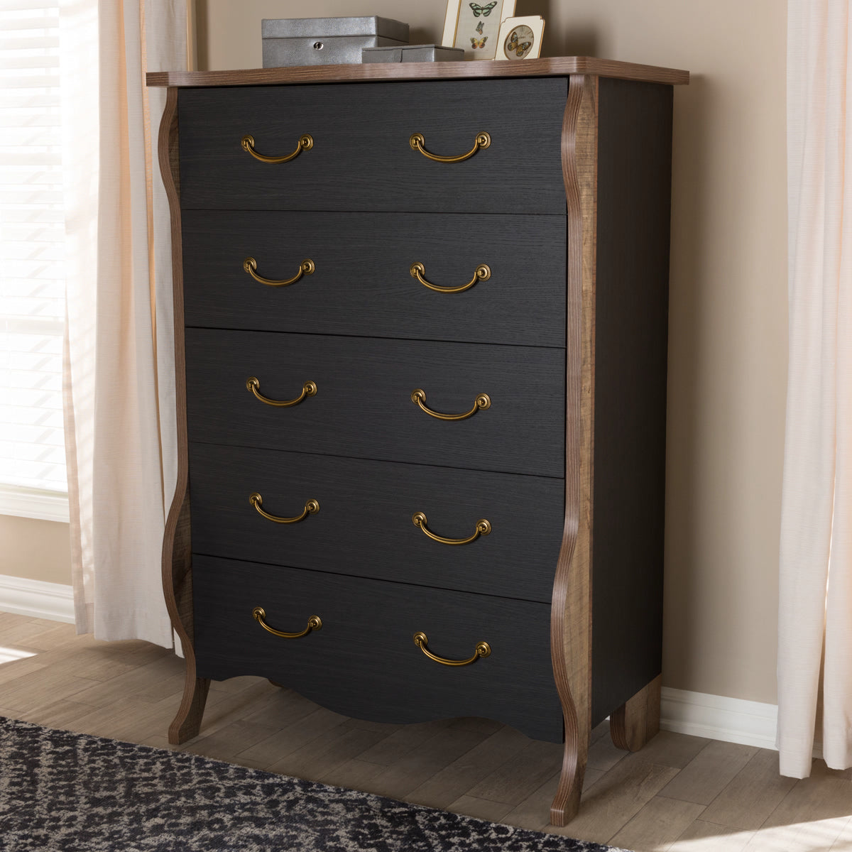 Baxton Studio Romilly Country Cottage Farmhouse Black and Oak-Finished Wood 5-Drawer Chest Baxton Studio-Dresser-Minimal And Modern - 9