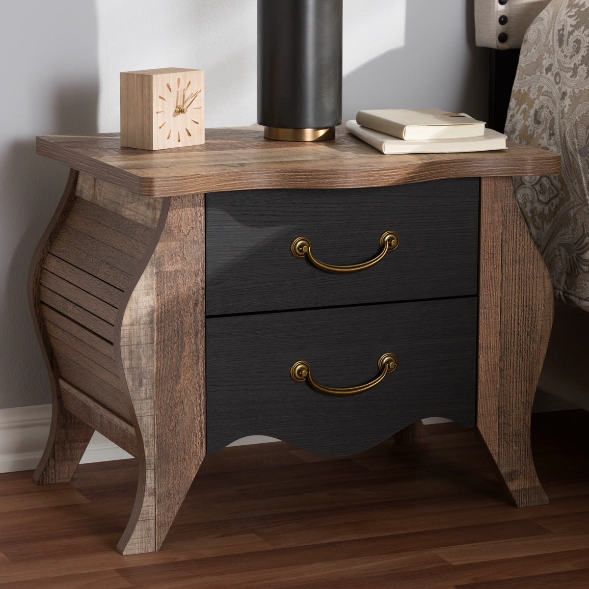 Baxton Studio Romilly Country Cottage Farmhouse Black and Oak-Finished Wood 2-Drawer Nightstand Baxton Studio-nightstands-Minimal And Modern - 9
