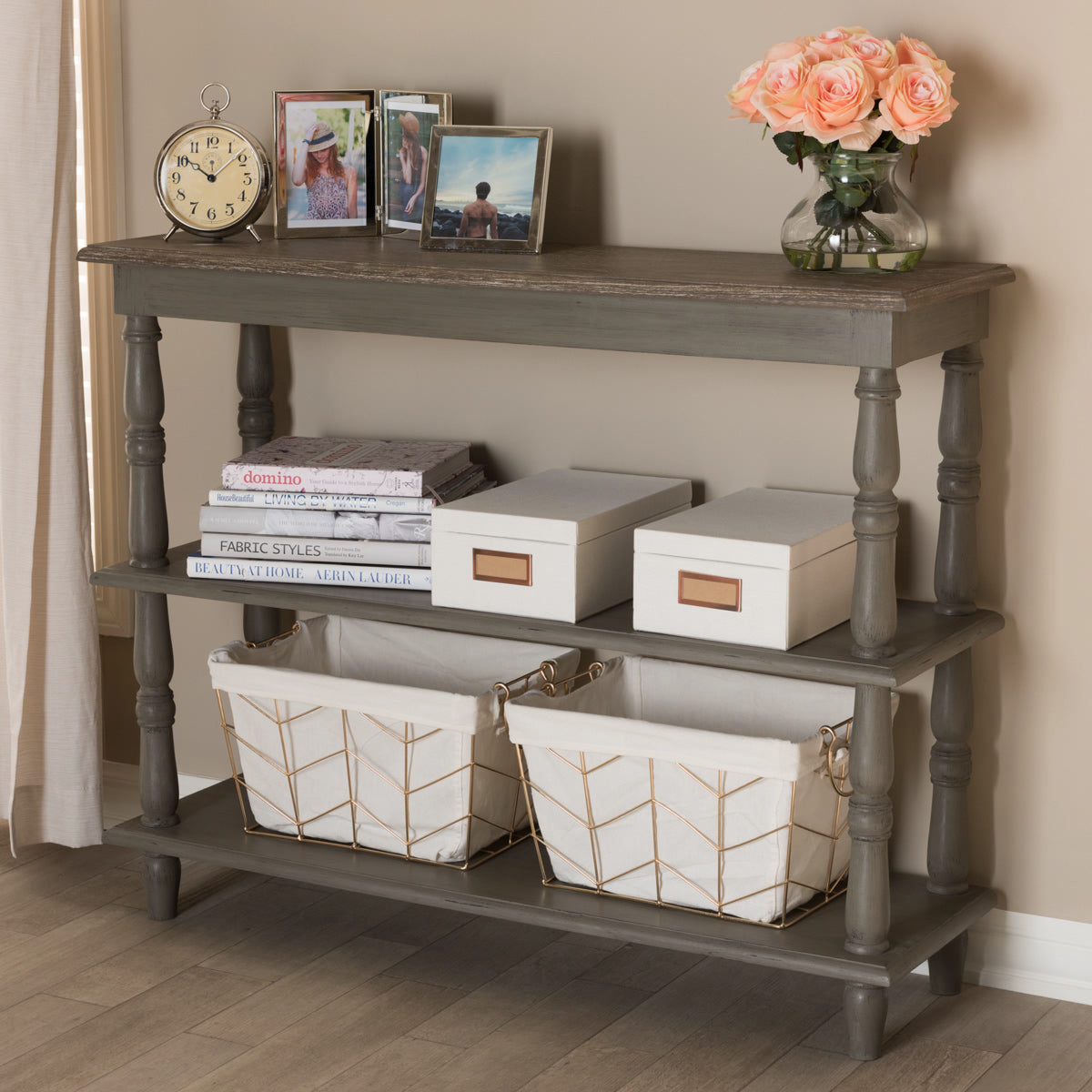 Baxton Studio Nellie Country Cottage Farmhouse Weathered Brown Finished Wood Console Table Baxton Studio-tv Stands-Minimal And Modern - 7