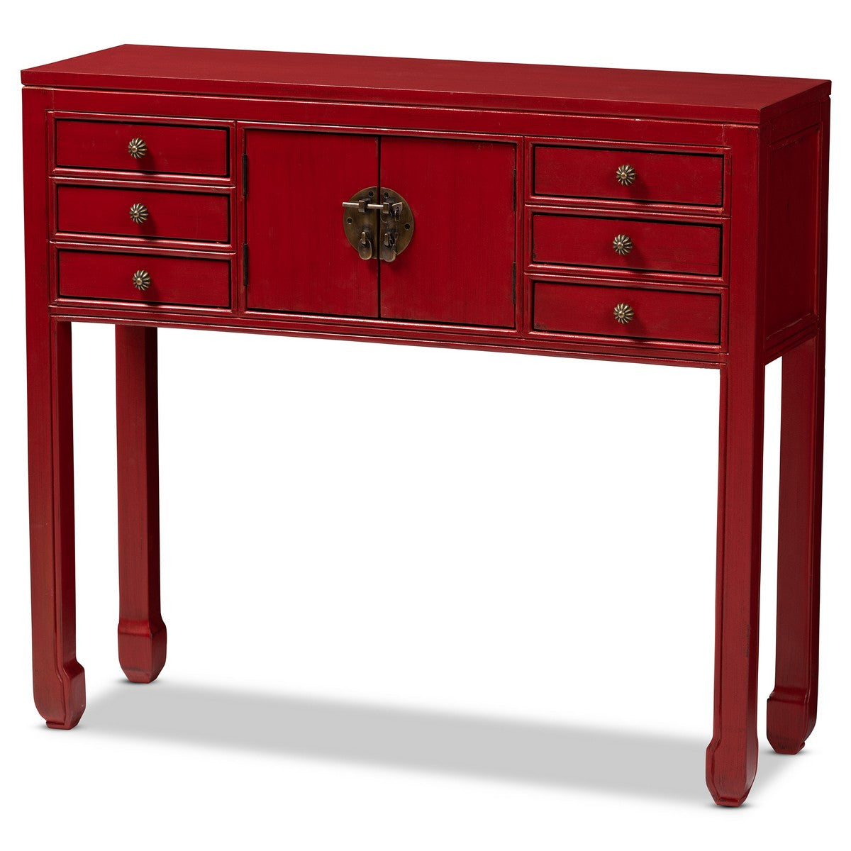 Baxton Studio Melodie Classic and Antique Red Finished Wood Bronze Finished Accents 6-Drawer Console Table Baxton Studio-side tables-Minimal And Modern - 1