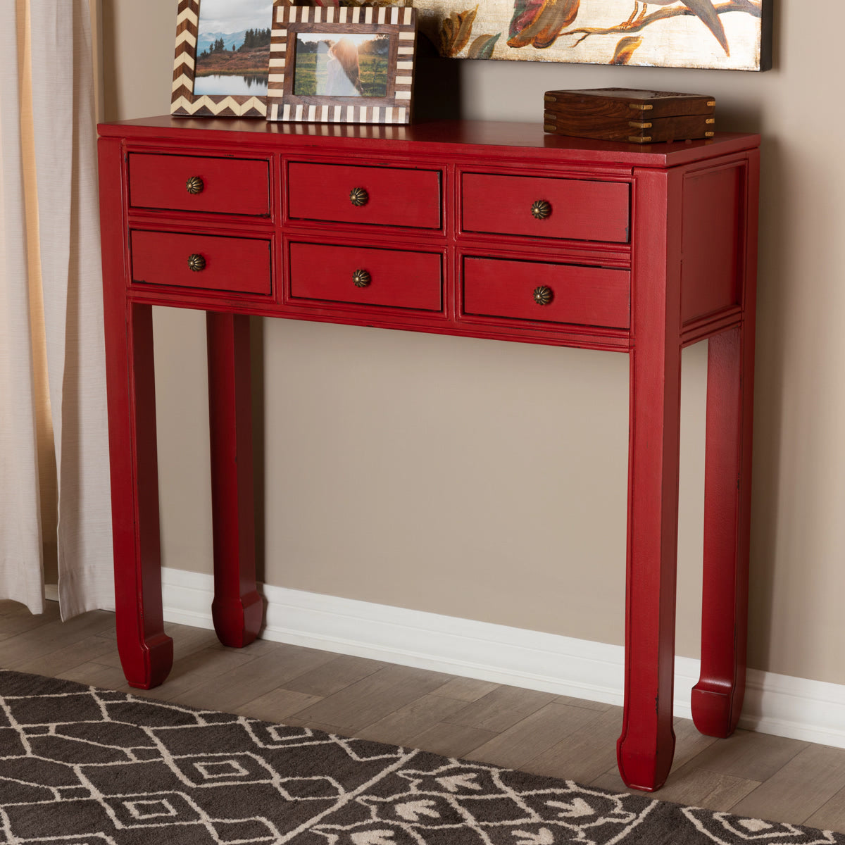 Baxton Studio Pomme Classic and Antique Red Finished Wood Bronze Finished Accents 6-Drawer Console Table Baxton Studio-tv Stands-Minimal And Modern - 11