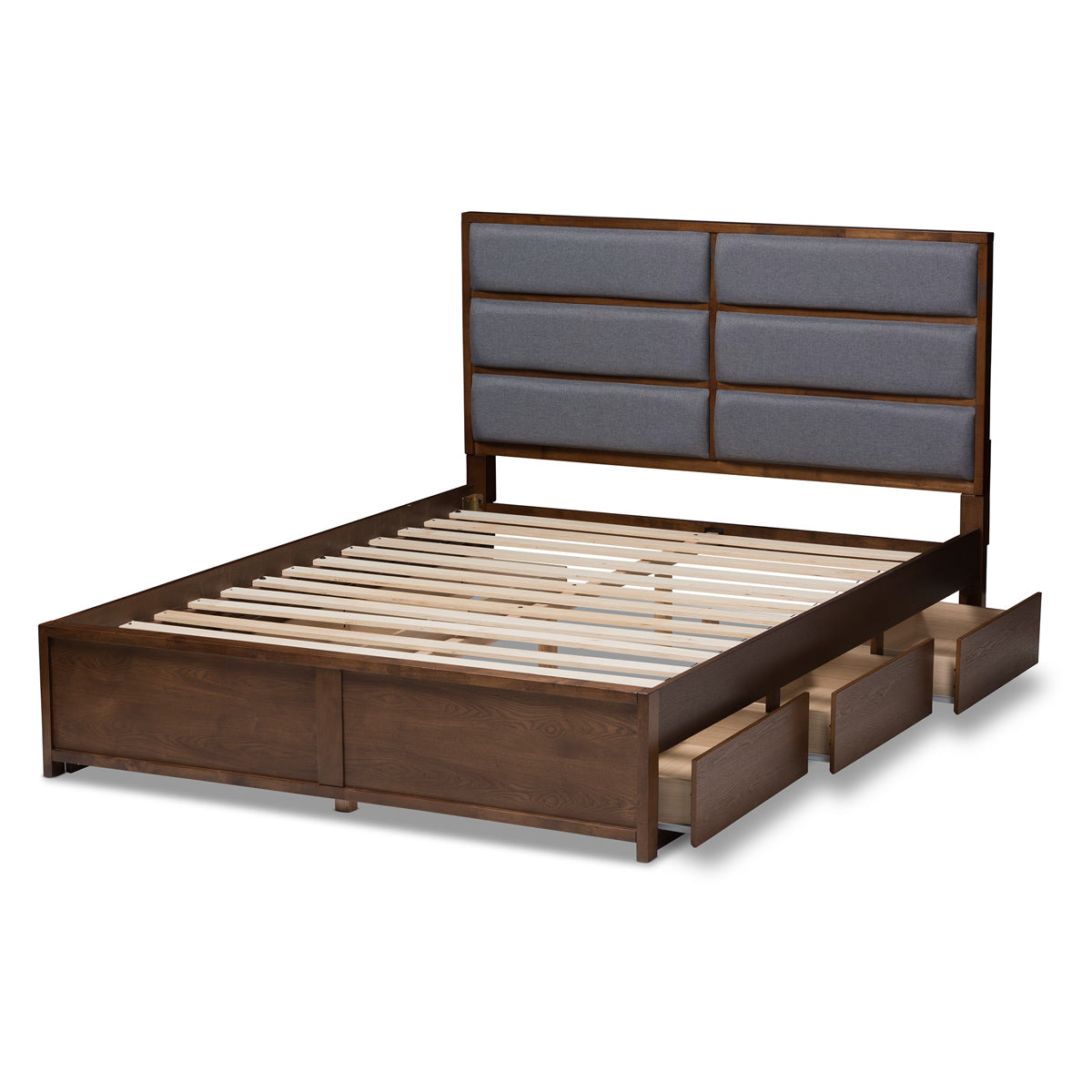 Baxton Studio Macey Modern and Contemporary Dark Grey Fabric Upholstered Walnut Finished Queen Size Storage Platform Bed Baxton Studio-beds-Minimal And Modern - 8