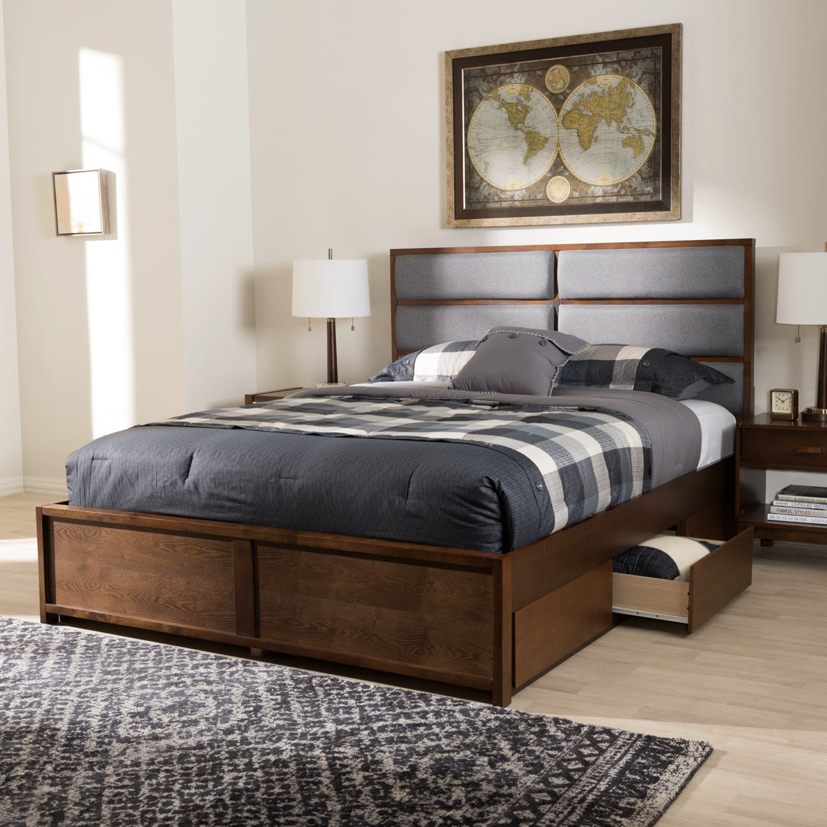 Baxton Studio Macey Modern and Contemporary Dark Grey Fabric Upholstered Walnut Finished Queen Size Storage Platform Bed Baxton Studio-beds-Minimal And Modern - 12