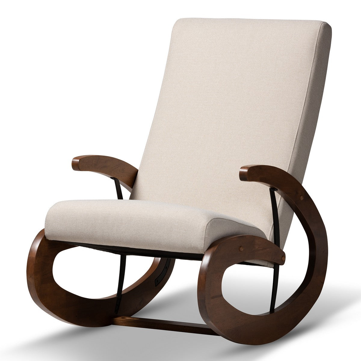 Baxton Studio Kaira Modern and Contemporary Light Beige Fabric Upholstered and Walnut-Finished Wood Rocking Chair Baxton Studio-Rocking Chairs-Minimal And Modern - 1