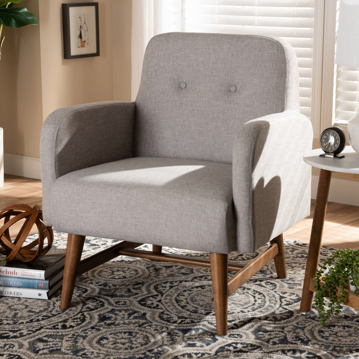 Baxton Studio Perrine Mid-Century Modern Greyish Beige Fabric Upholstered Walnut-Finished Wood Lounge Chair Baxton Studio-chairs-Minimal And Modern - 7