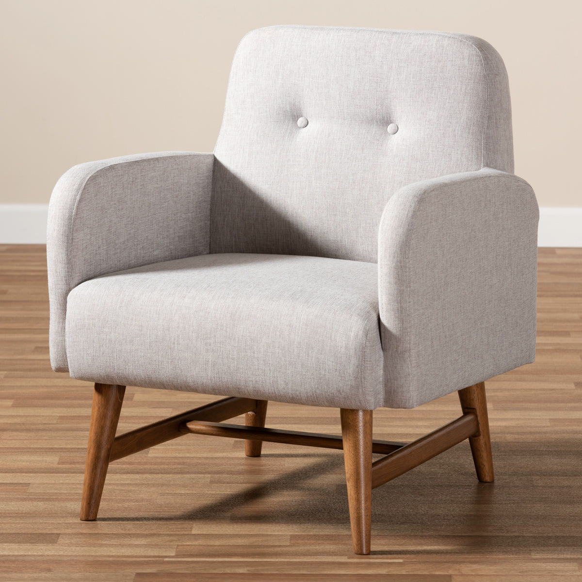 Baxton Studio Perrine Mid-Century Modern Greyish Beige Fabric Upholstered Walnut-Finished Wood Lounge Chair Baxton Studio-chairs-Minimal And Modern - 8