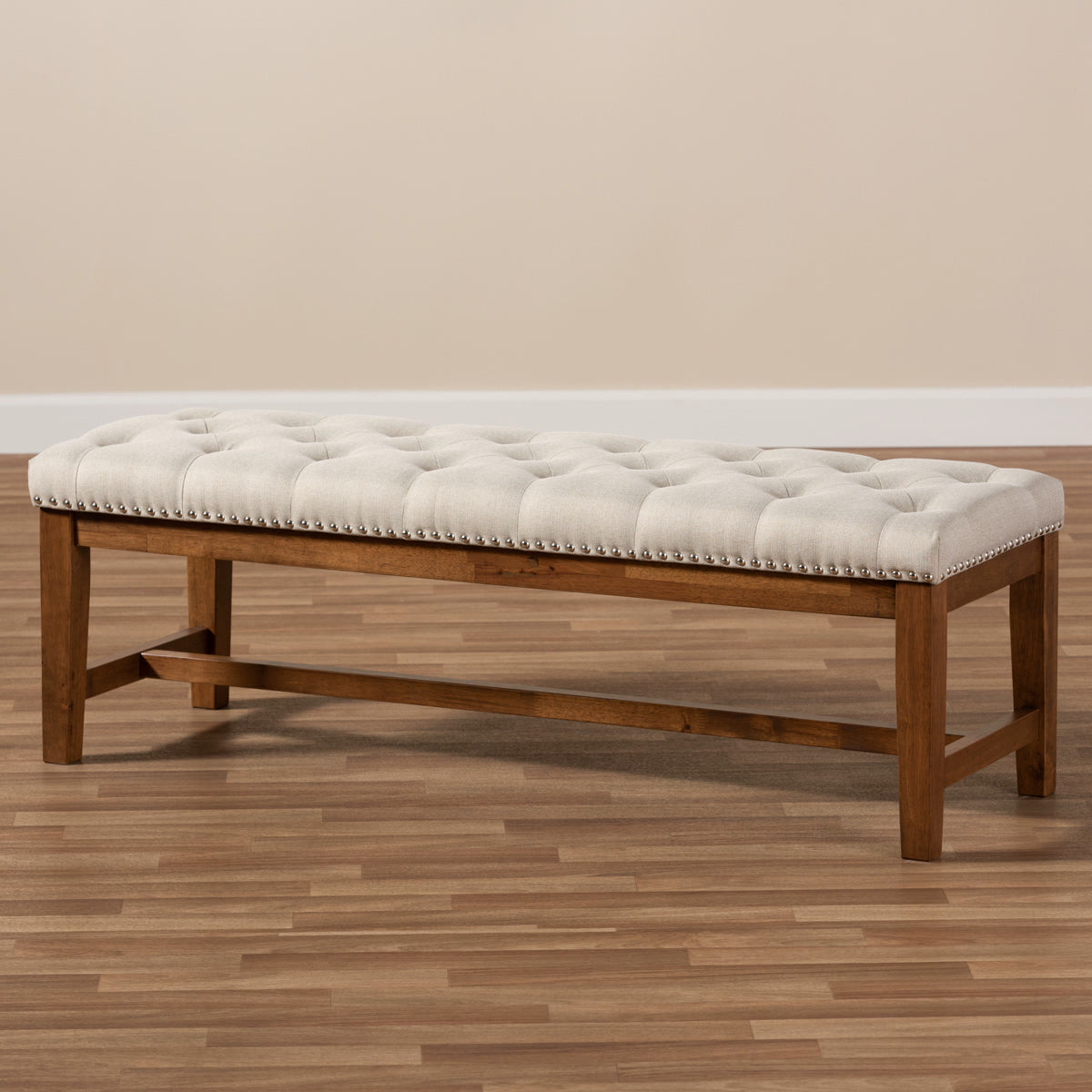 Baxton Studio Ainsley Modern and Contemporary Light Beige Fabric Upholstered Walnut Finished Solid Rubberwood Bench Baxton Studio-benches-Minimal And Modern - 7