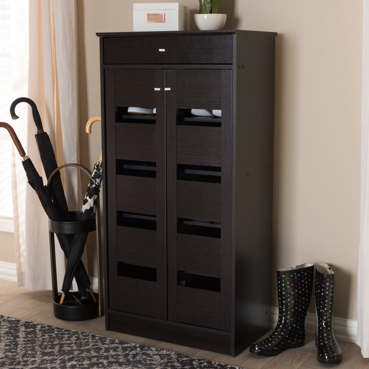 Baxton Studio Acadia Modern and Contemporary Wenge Brown Finished Shoe Cabinet Baxton Studio-0-Minimal And Modern - 12