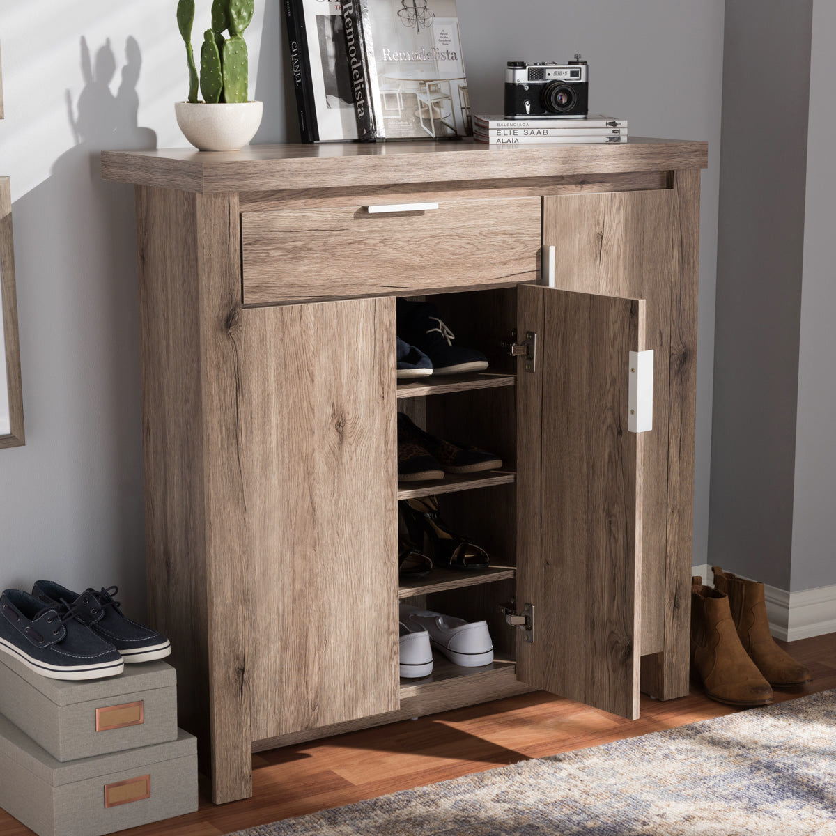 Baxton Studio Laverne Modern and Contemporary Oak Brown Finished Shoe Cabinet Baxton Studio-0-Minimal And Modern - 9