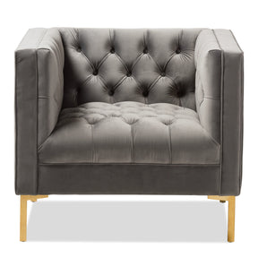 Baxton Studio Zanetta Luxe and Glamour Grey Velvet Upholstered Gold Finished Lounge Chair Baxton Studio-chairs-Minimal And Modern - 2