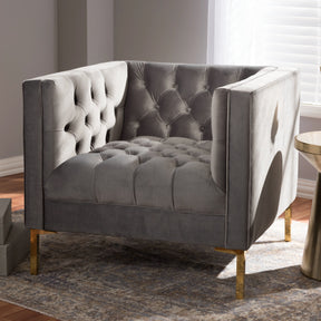Baxton Studio Zanetta Luxe and Glamour Grey Velvet Upholstered Gold Finished Lounge Chair Baxton Studio-chairs-Minimal And Modern - 7