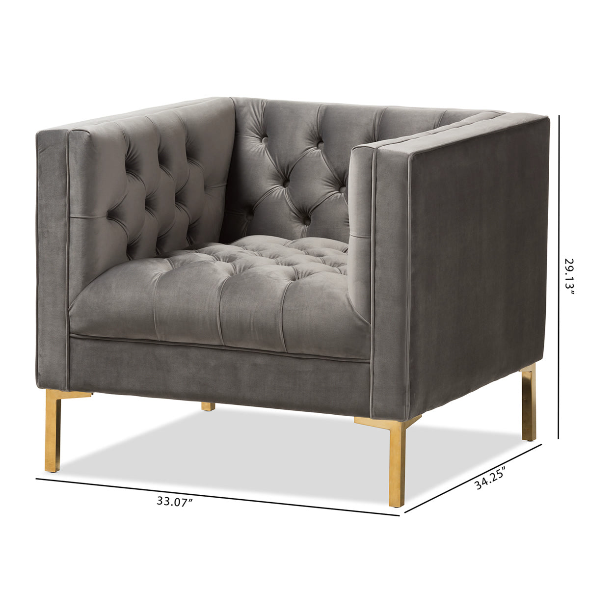 Baxton Studio Zanetta Luxe and Glamour Grey Velvet Upholstered Gold Finished Lounge Chair Baxton Studio-chairs-Minimal And Modern - 9