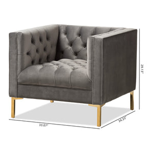 Baxton Studio Zanetta Luxe and Glamour Grey Velvet Upholstered Gold Finished Lounge Chair Baxton Studio-chairs-Minimal And Modern - 9