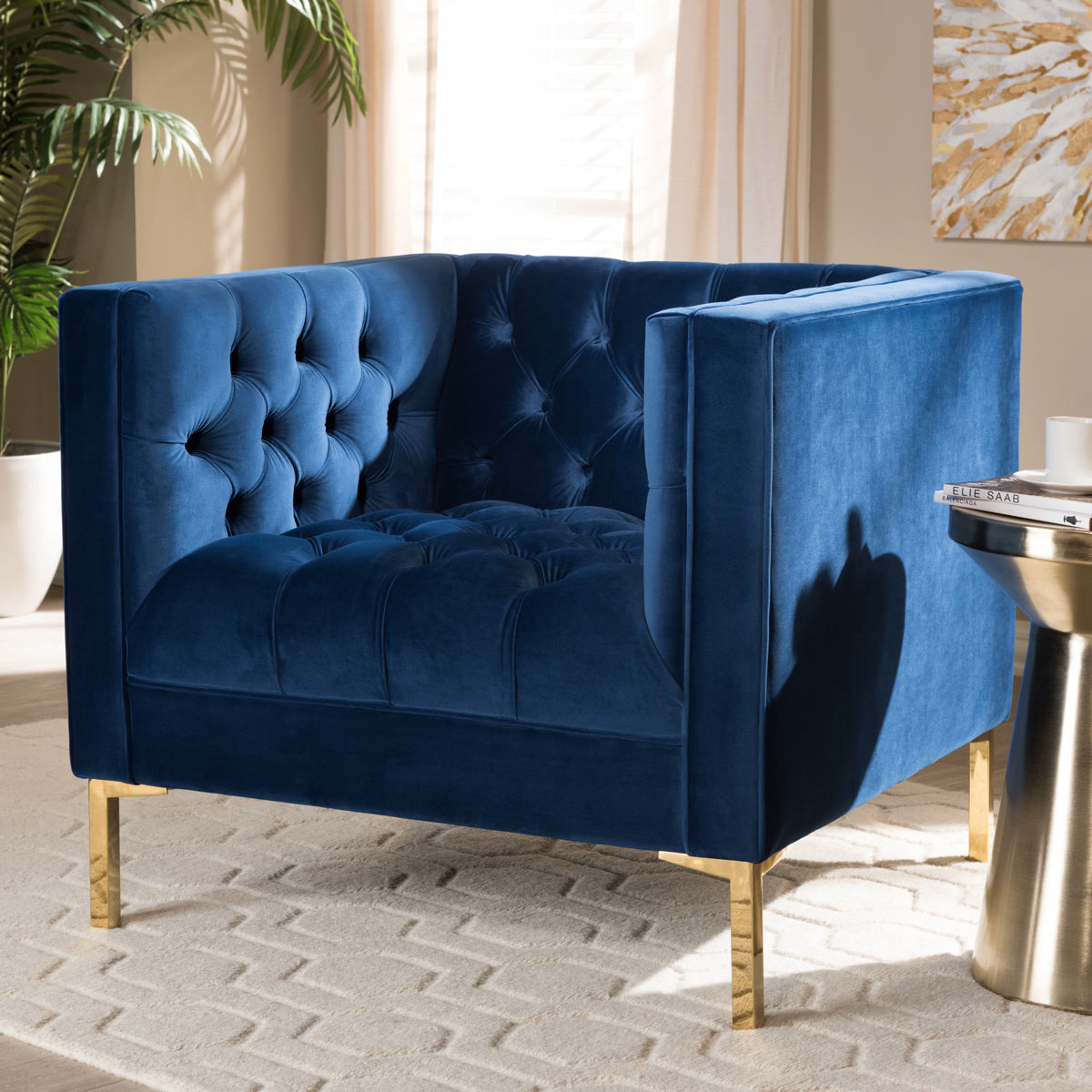 Baxton Studio Zanetta Luxe and Glamour Navy Velvet Upholstered Gold Finished Lounge Chair Baxton Studio-chairs-Minimal And Modern - 6