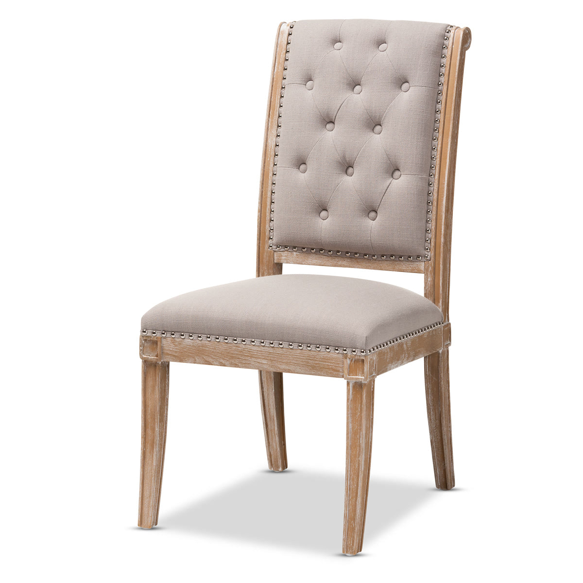 Baxton Studio Charmant French Provincial Beige Fabric Upholstered Weathered Oak Finished Wood Dining Chair Baxton Studio-dining chair-Minimal And Modern - 1