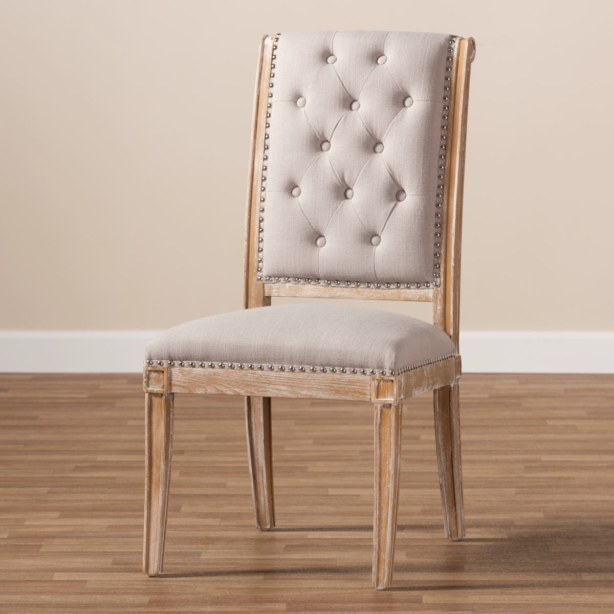Baxton Studio Charmant French Provincial Beige Fabric Upholstered Weathered Oak Finished Wood Dining Chair Baxton Studio-dining chair-Minimal And Modern - 8