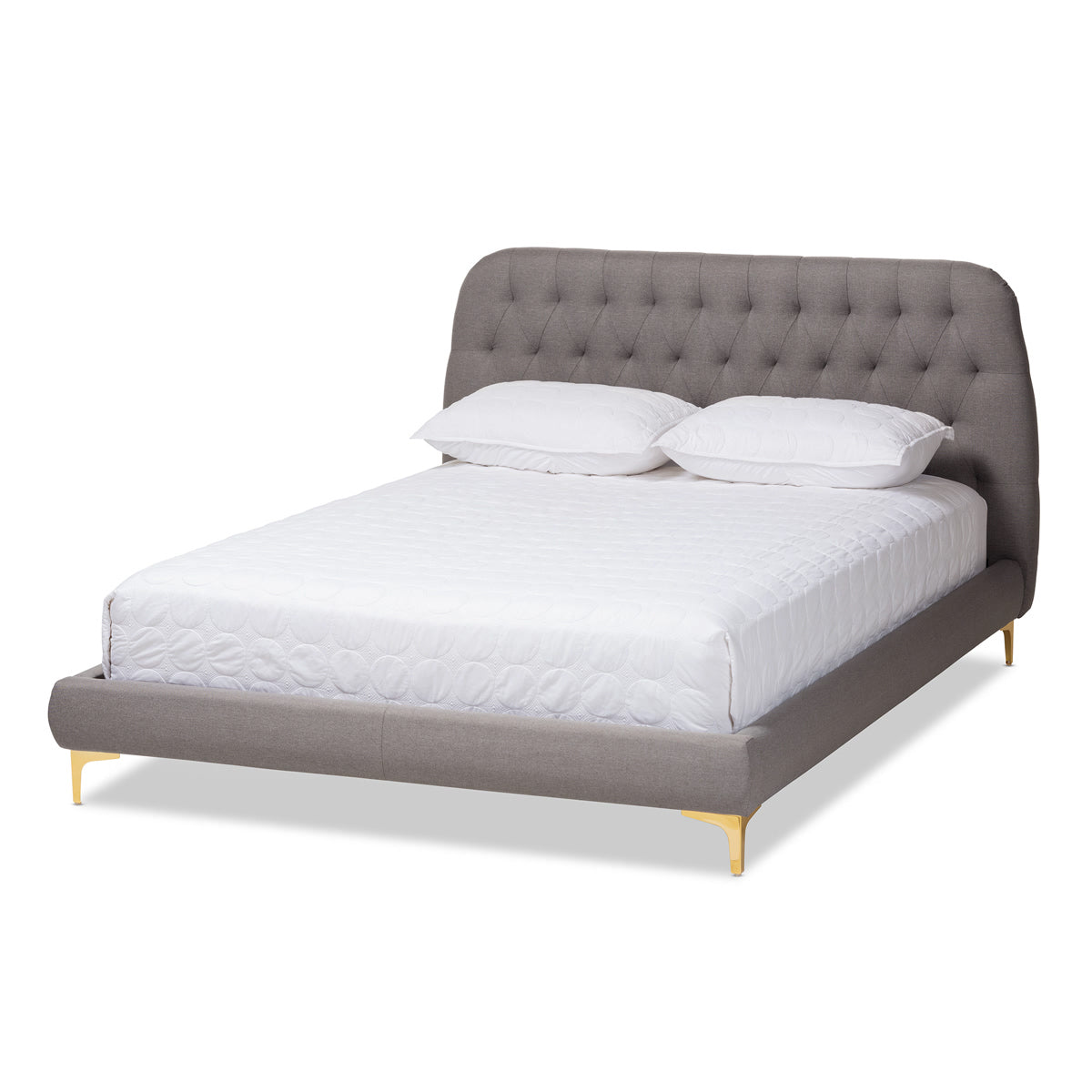 Baxton Studio Ingrid Glam and Luxe Light Grey Fabric Upholstered Gold Finished Legs Queen Size Platform Bed Baxton Studio-beds-Minimal And Modern - 1