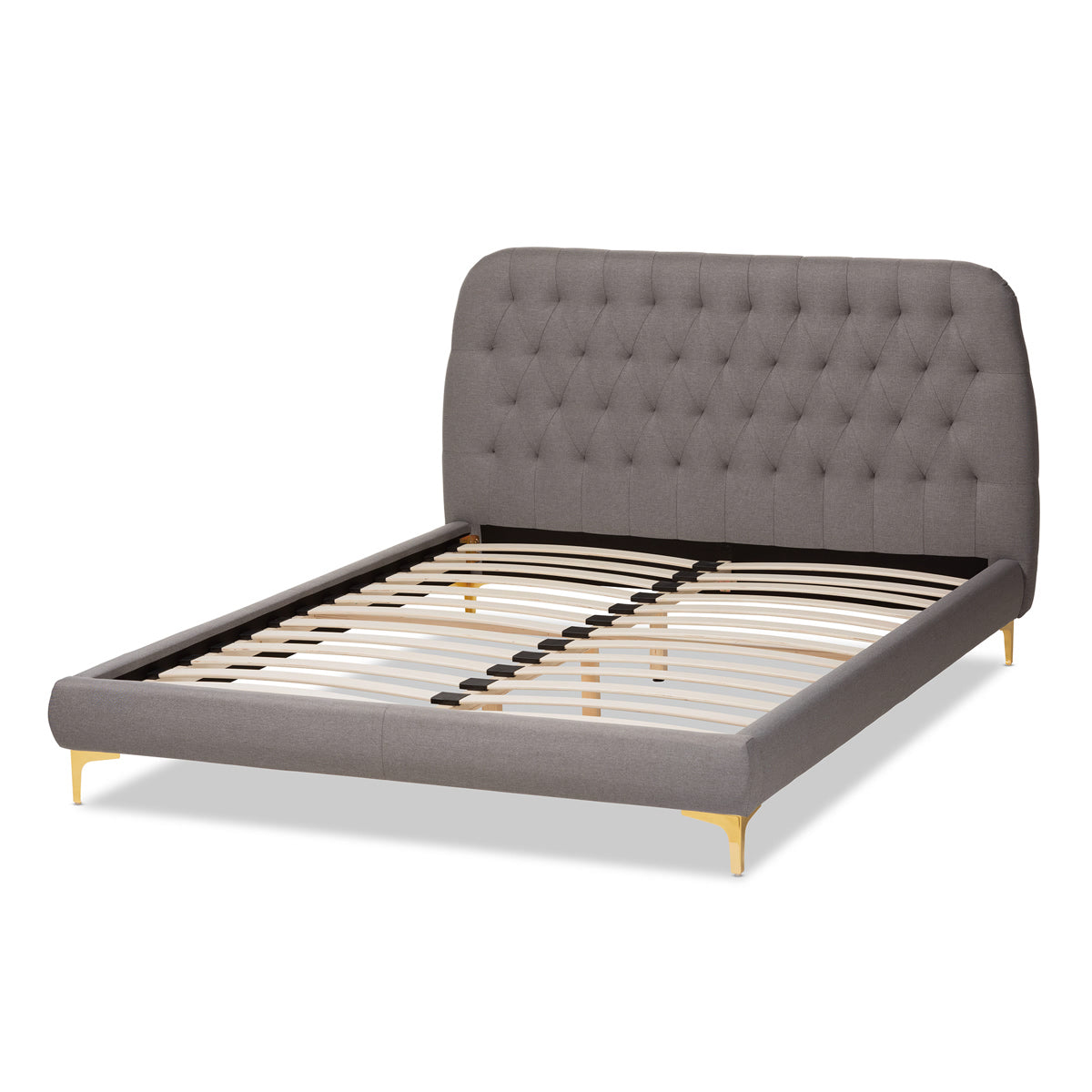 Baxton Studio Ingrid Glam and Luxe Light Grey Fabric Upholstered Gold Finished Legs Queen Size Platform Bed Baxton Studio-beds-Minimal And Modern - 4