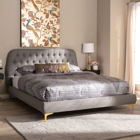 Baxton Studio Ingrid Glam and Luxe Light Grey Fabric Upholstered Gold Finished Legs Queen Size Platform Bed Baxton Studio-beds-Minimal And Modern - 7