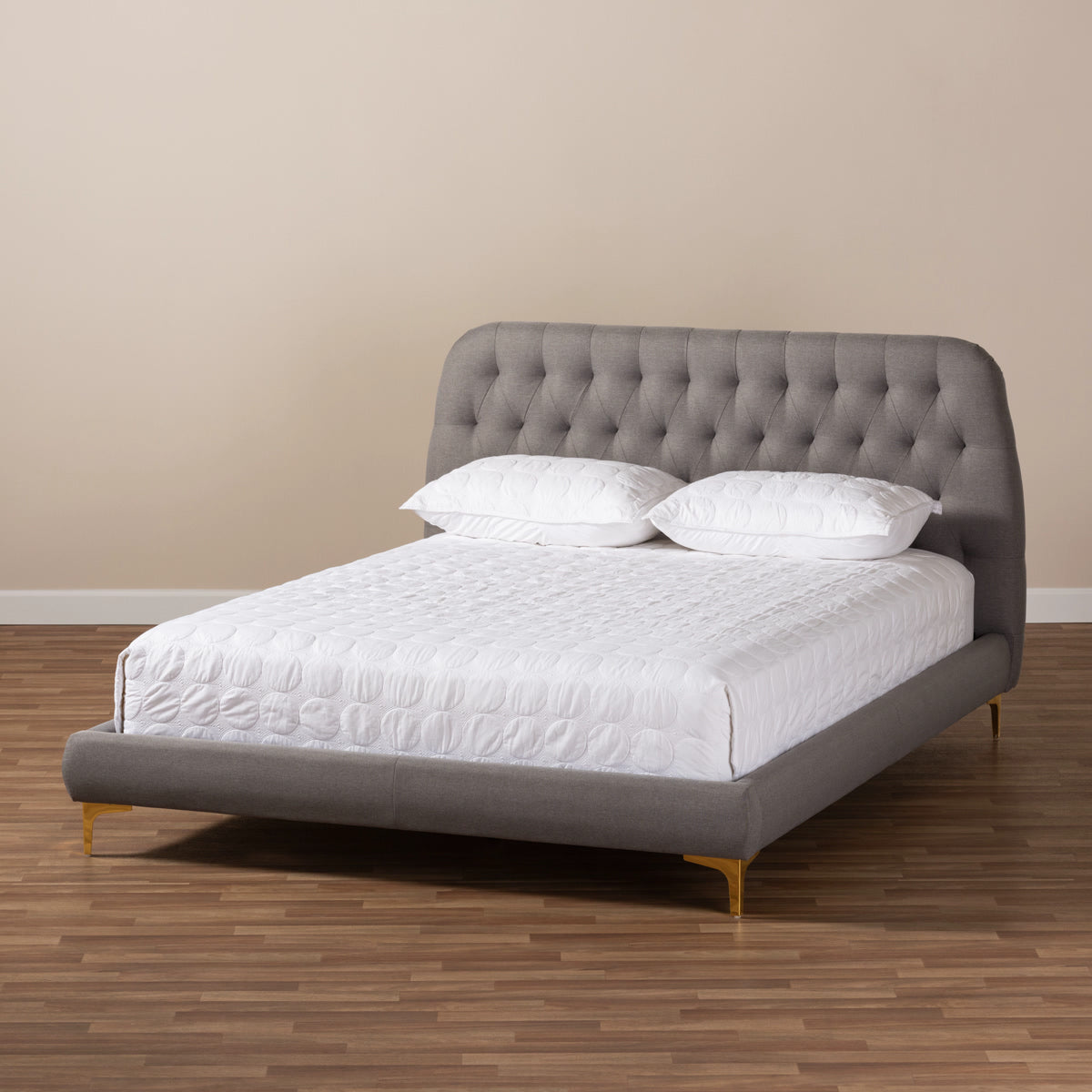 Baxton Studio Ingrid Glam and Luxe Light Grey Fabric Upholstered Gold Finished Legs Queen Size Platform Bed Baxton Studio-beds-Minimal And Modern - 8