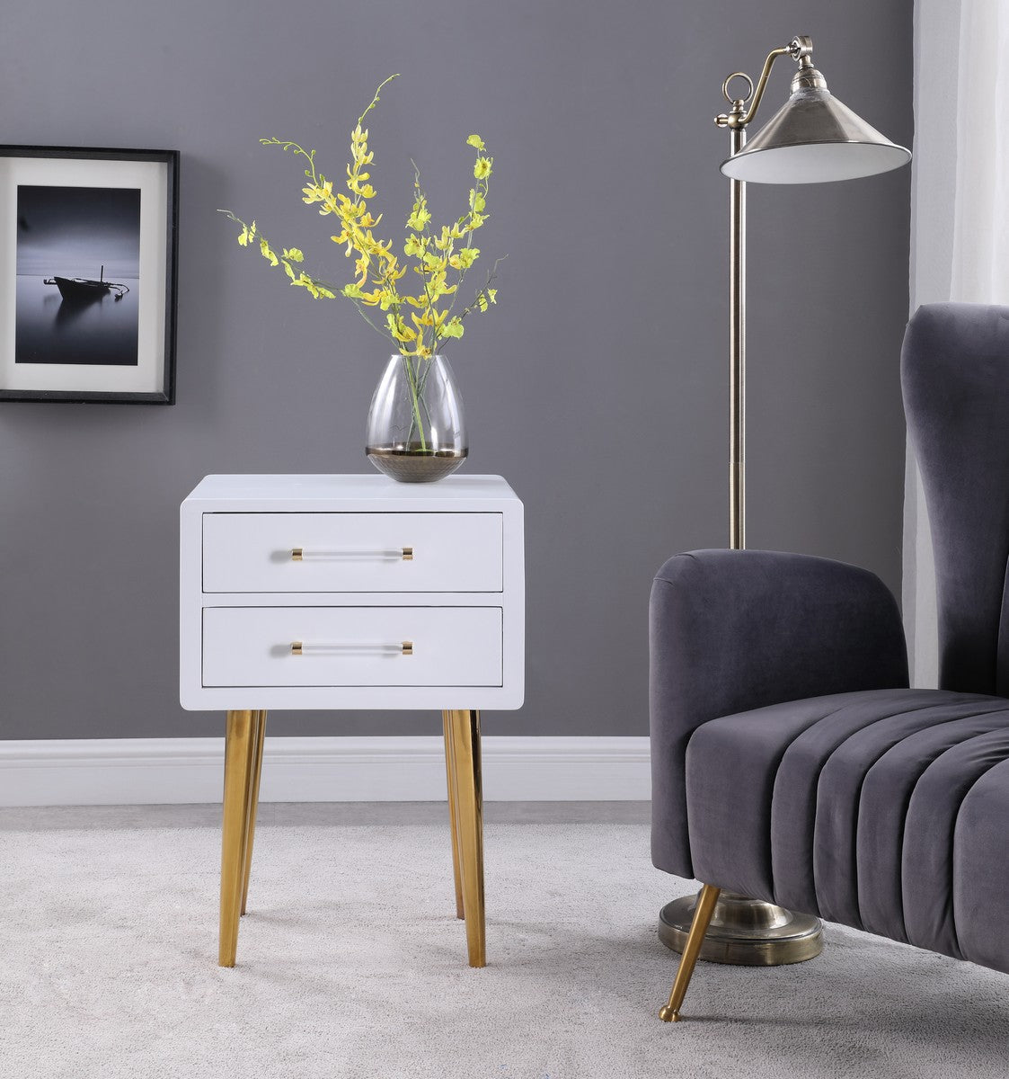 Meridian Furniture Zane White Laquer with Gold Side Table