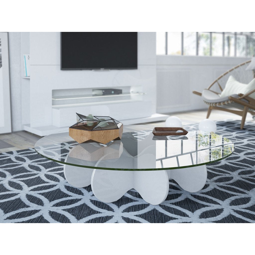 Manhattan Comfort Waverly 28" Round  Glass Top Accent End Coffee Table in White Gloss