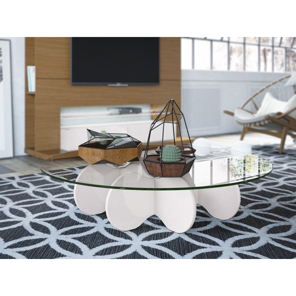 Manhattan Comfort Waverly 28" Round  Glass Top Accent End Coffee Table in Off White
