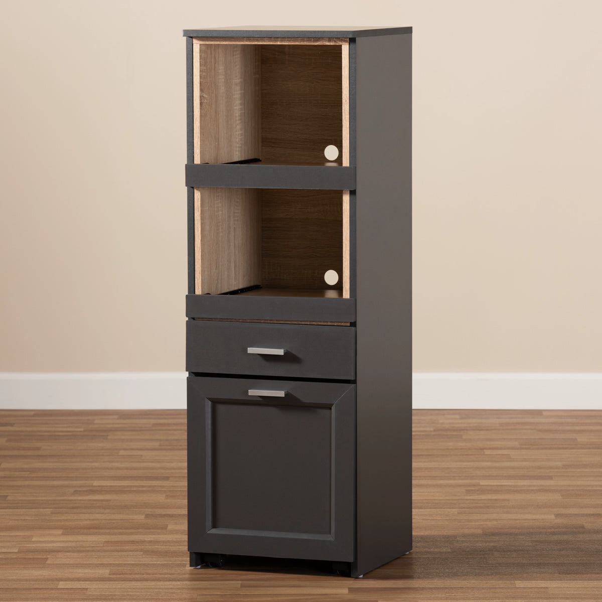 Baxton Studio Fabian Modern and Contemporary Dark Grey and Oak Brown Finished Kitchen Cabinet with Roll-Out Compartment Baxton Studio-0-Minimal And Modern - 2