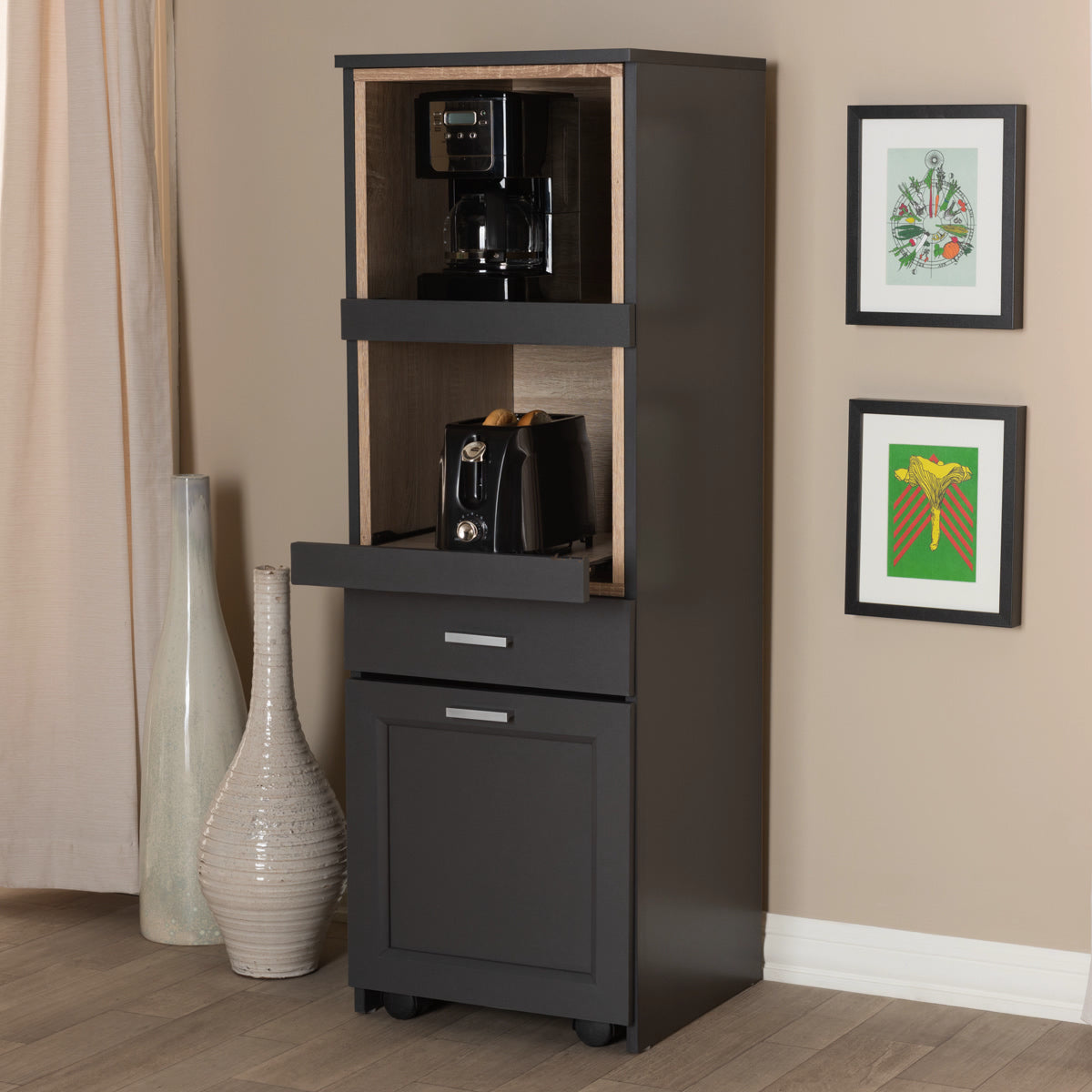 Baxton Studio Fabian Modern and Contemporary Dark Grey and Oak Brown Finished Kitchen Cabinet with Roll-Out Compartment Baxton Studio-0-Minimal And Modern - 11