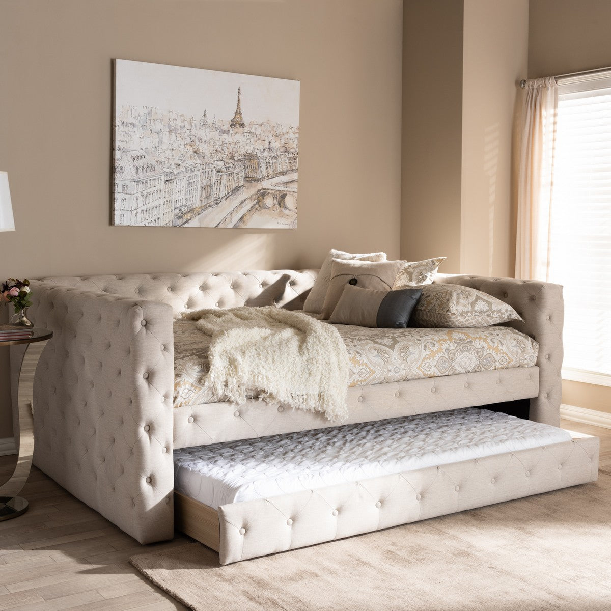 Baxton Studio Anabella Classic and Contemporary Light Beige Fabric Upholstered Full Size Daybed with Trundle