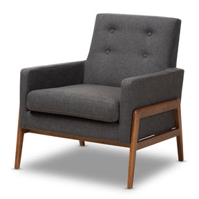 Baxton Studio Perris Mid-Century Modern Dark Grey Fabric Upholstered Walnut Wood Lounge Chair Baxton Studio-chairs-Minimal And Modern - 1
