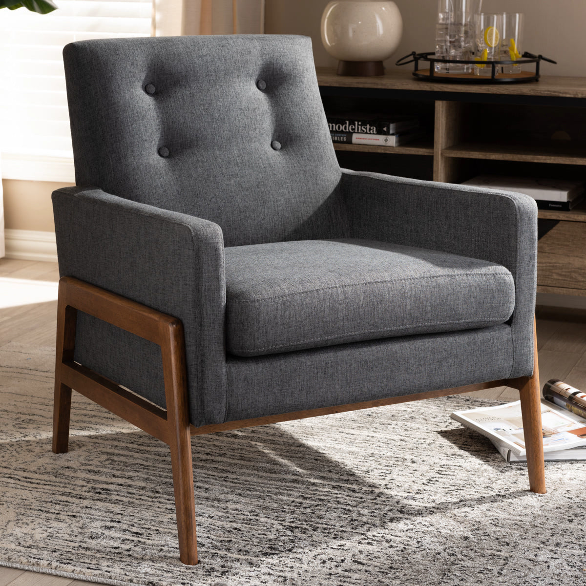 Baxton Studio Perris Mid-Century Modern Dark Grey Fabric Upholstered Walnut Wood Lounge Chair Baxton Studio-chairs-Minimal And Modern - 7