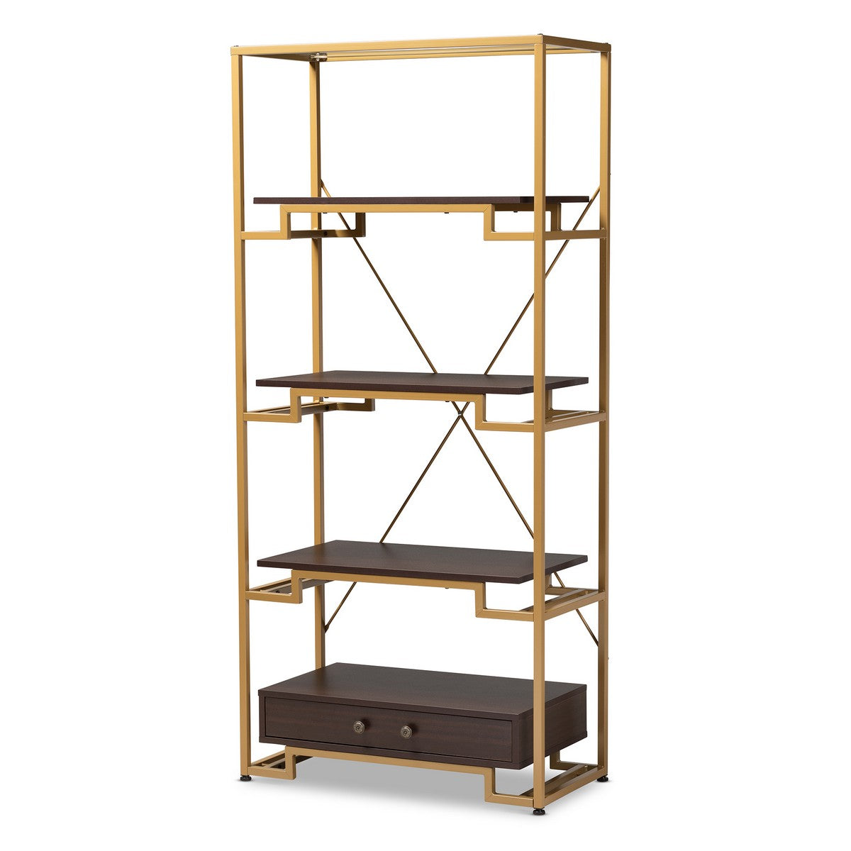 Baxton Studio Cerelia Modern and Contemporary Gold-Tone Steel and Dark Brown Finished Wood 3-Shelf Accent Bookcase with Drawer Baxton Studio-Shelving-Minimal And Modern - 1