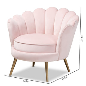 Baxton Studio Cosette Glam and Luxe Light Pink Velvet Fabric Upholstered Brushed Gold Finished Seashell Shaped Accent Chair