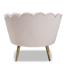 Baxton Studio Cosette Glam and Luxe Light Beige Velvet Fabric Upholstered Brushed Gold Finished Seashell Shaped Accent Chair