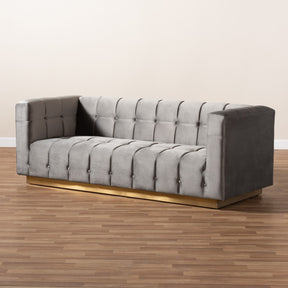 Baxton Studio Loreto Glam and Luxe Grey Velvet Fabric Upholstered Brushed Gold Finished Sofa