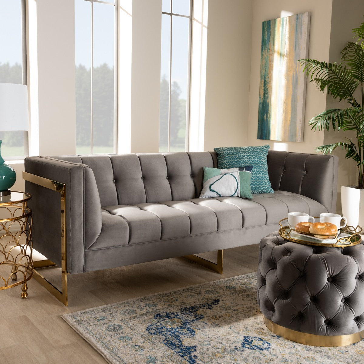 Baxton Studio Ambra Glam and Luxe Grey Velvet Fabric Upholstered and Button Tufted Sofa with Gold-Tone Frame