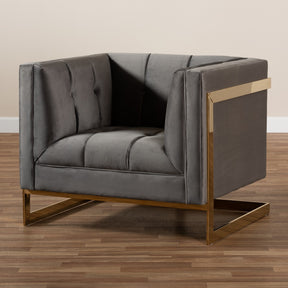 Baxton Studio Ambra Glam and Luxe Grey Velvet Fabric Upholstered and Button Tufted Armchair with Gold-Tone Frame