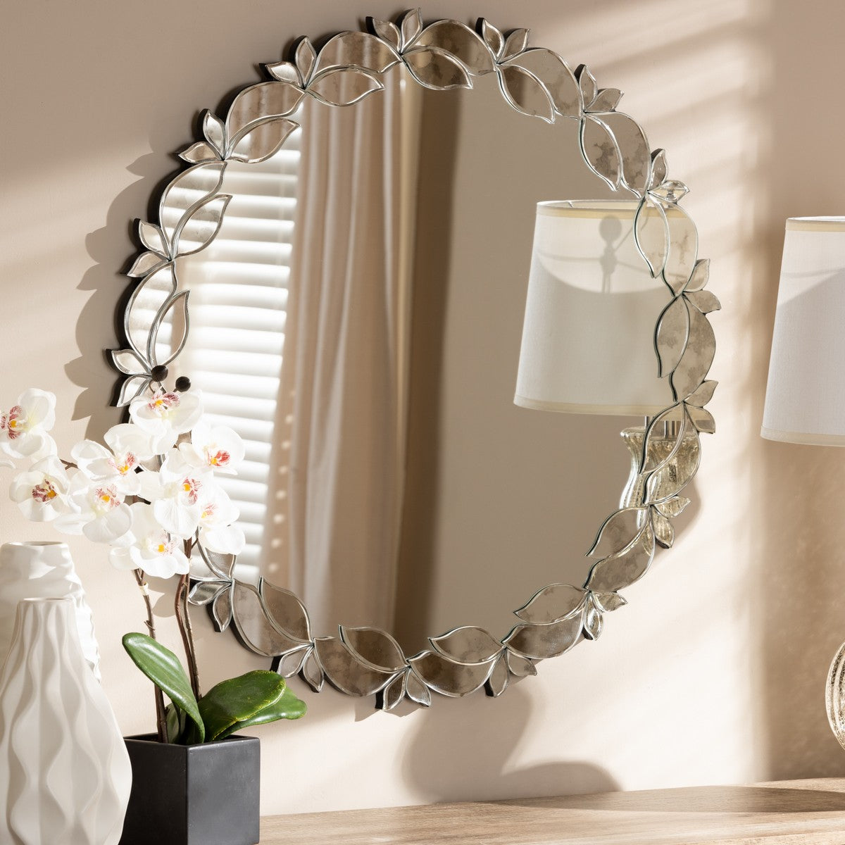 Baxton Studio Luiza Modern and Contemporary Silver Finished Round Petal Leaf Accent Wall Mirror