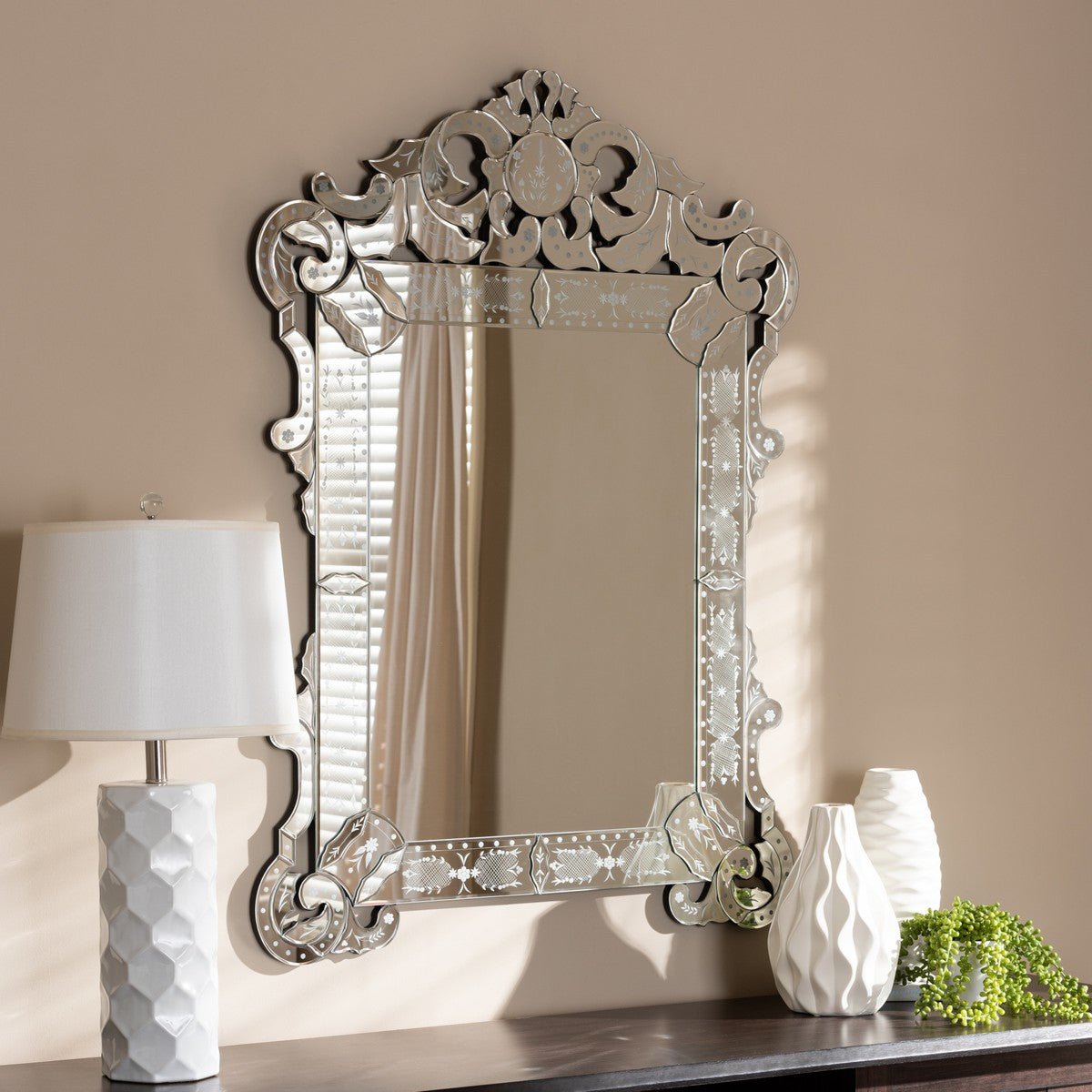 Baxton Studio Floriana Classic and Traditional Silver Finished Venetian Style Accent Wall Mirror