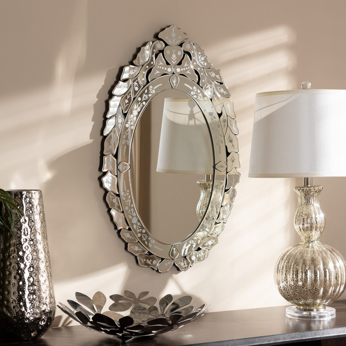 Baxton Studio Livia Classic and Traditional Silver Finished Venetian Style Accent Wall Mirror