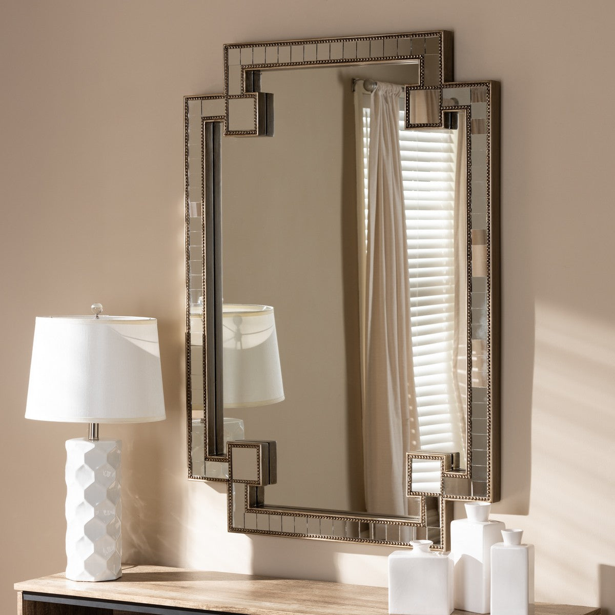 Baxton Studio Fiorella Modern and Contemporary Antique Silver Finished Studded Accent Wall Mirror