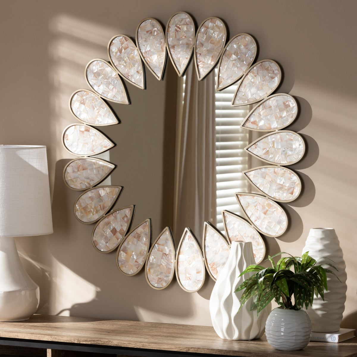 Baxton Studio Savita Modern and Contemporary Antique Silver Finished Round Shell Petal Accent Wall Mirror